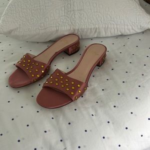 J Crew rose satin slides with gold rhinestones